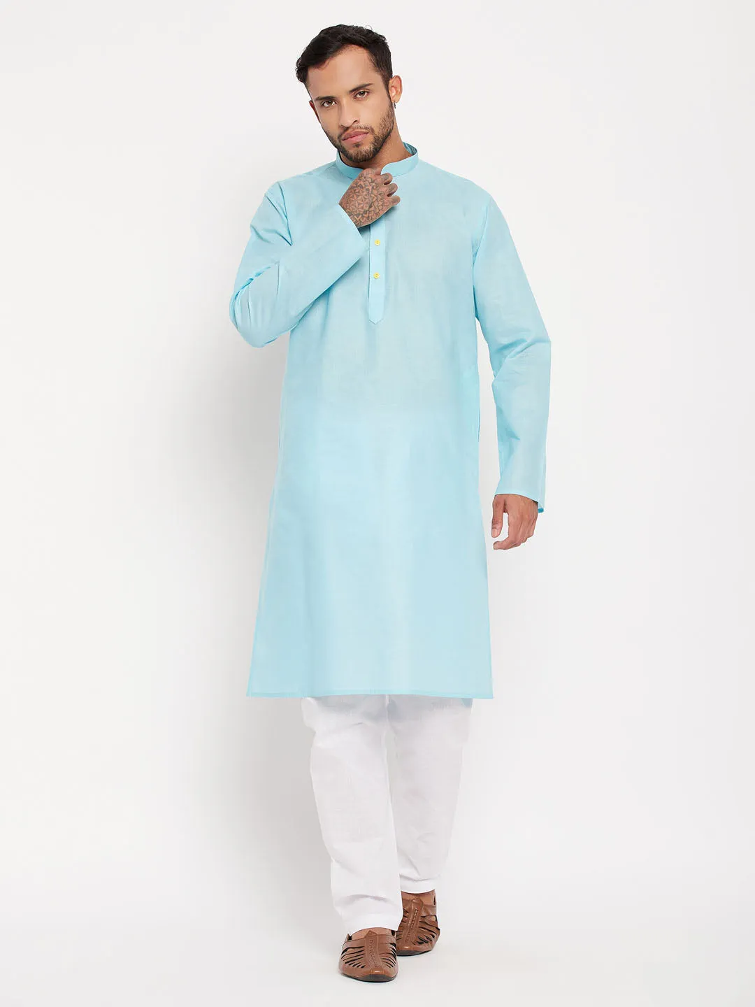 VM BY VASTRAMAY Men's Aqua Cotton Kurta
