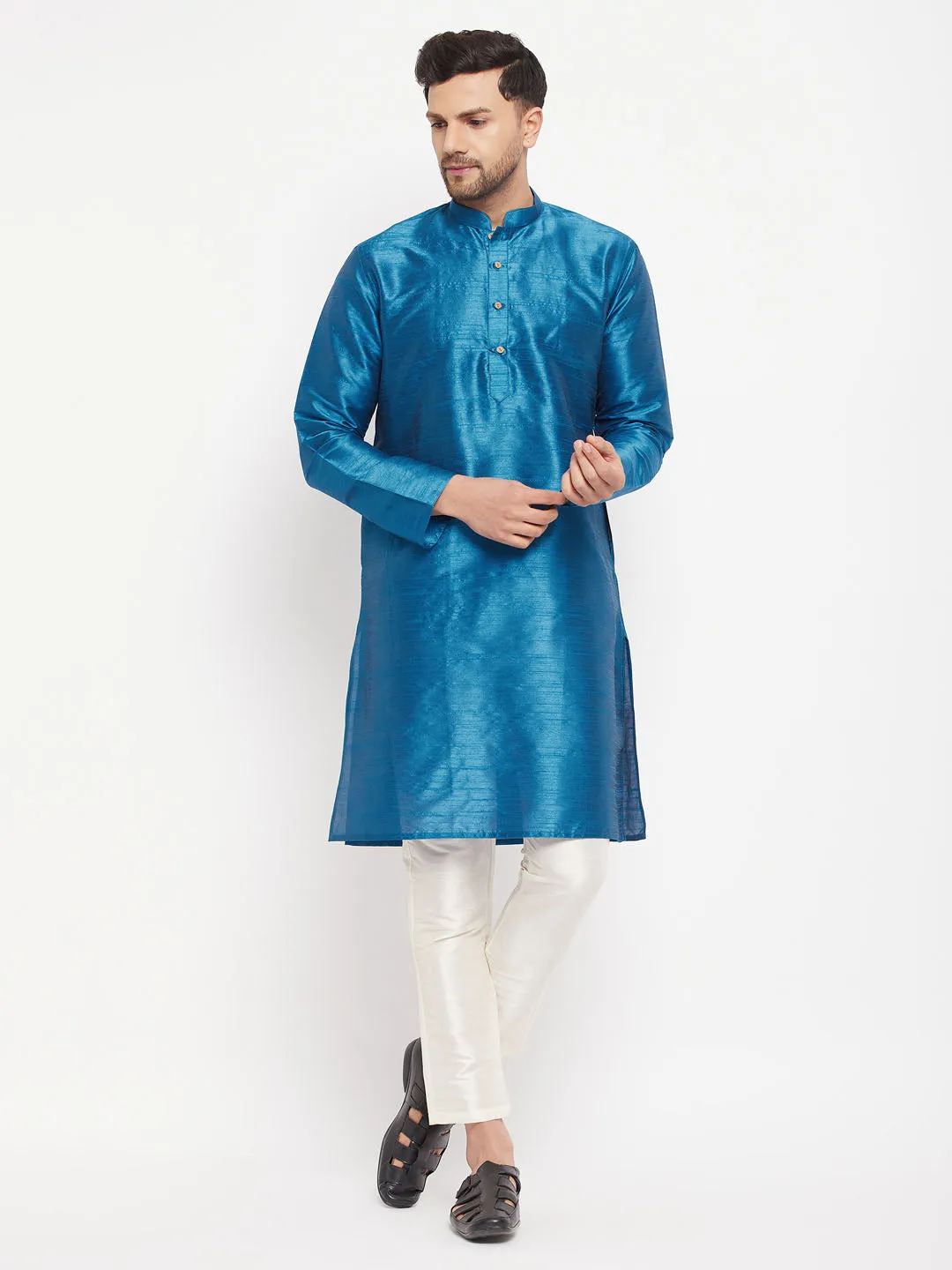 VM By VASTRAMAY Men's Blue Silk Blend Kurta