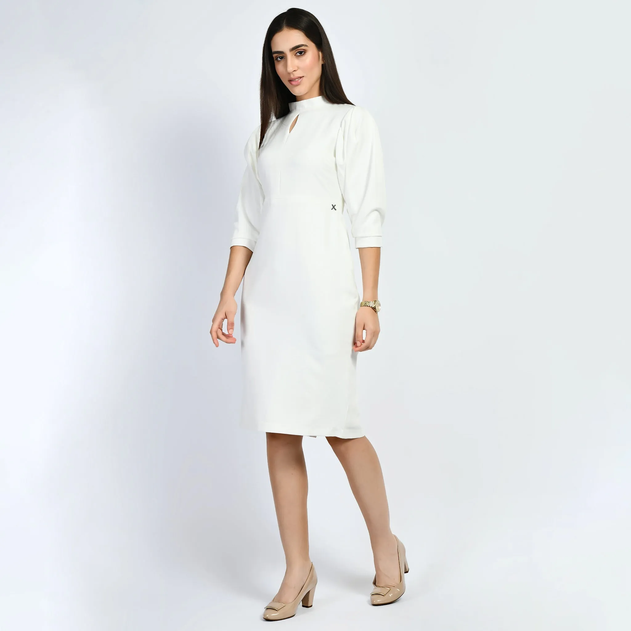 White Cotton Blend Allure Puffed Sleeves Sheath Dress