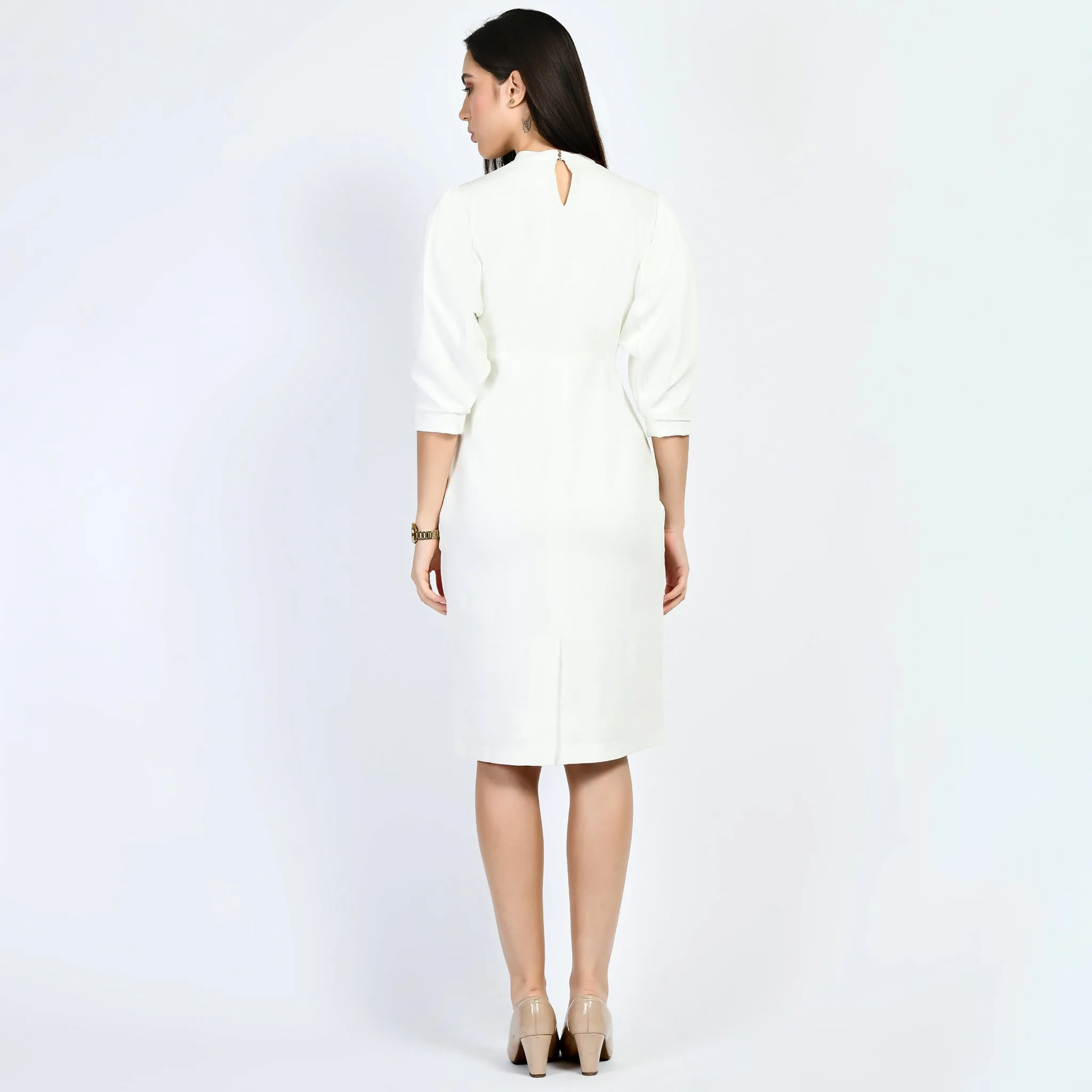 White Cotton Blend Allure Puffed Sleeves Sheath Dress