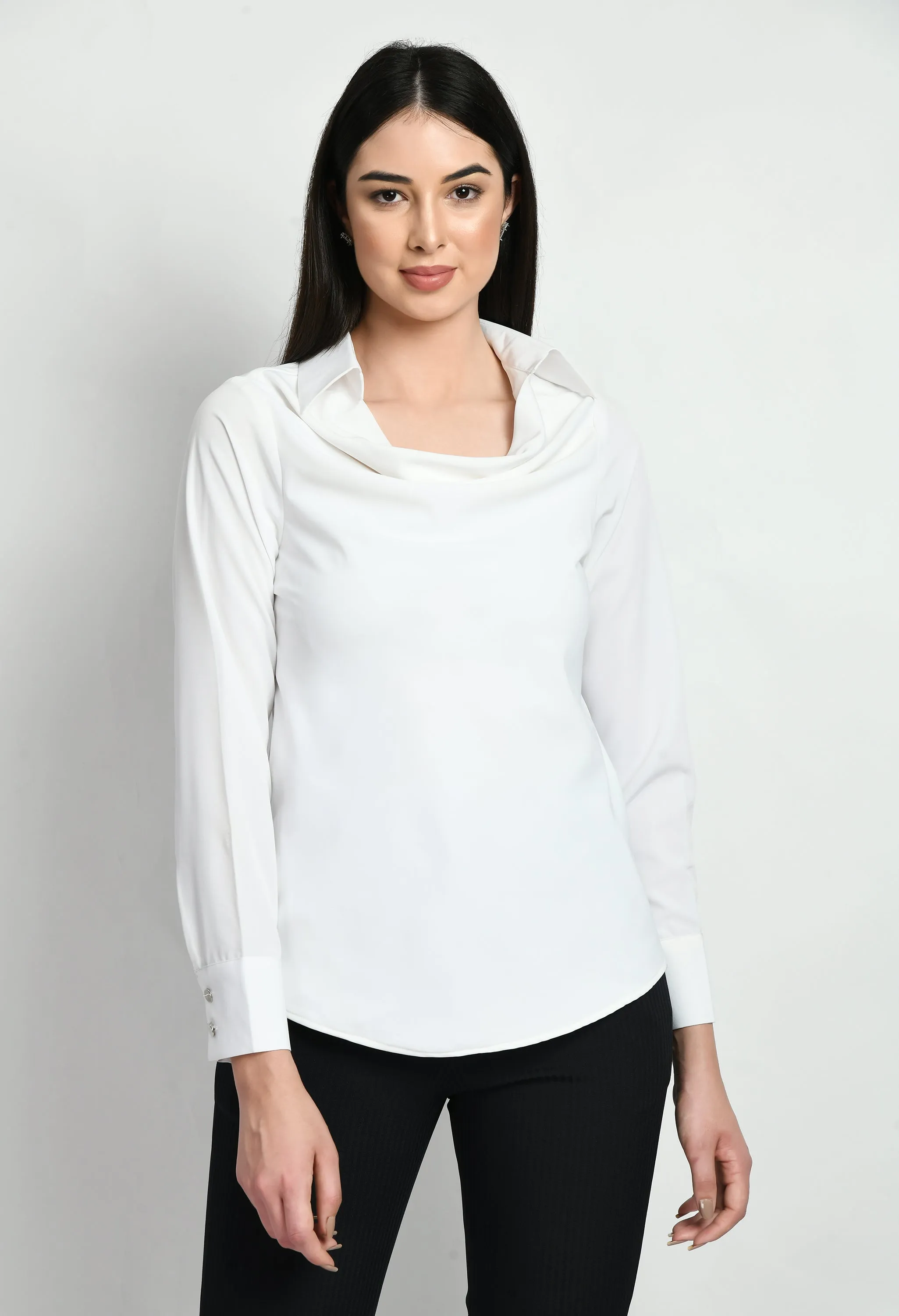 White Cotton Blend Freshness Cowl Neck Top