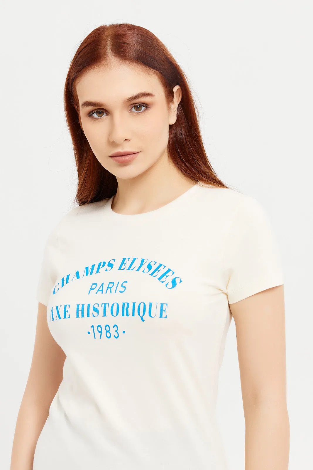 Women Cream Champs Elysees Printed T-Shirt