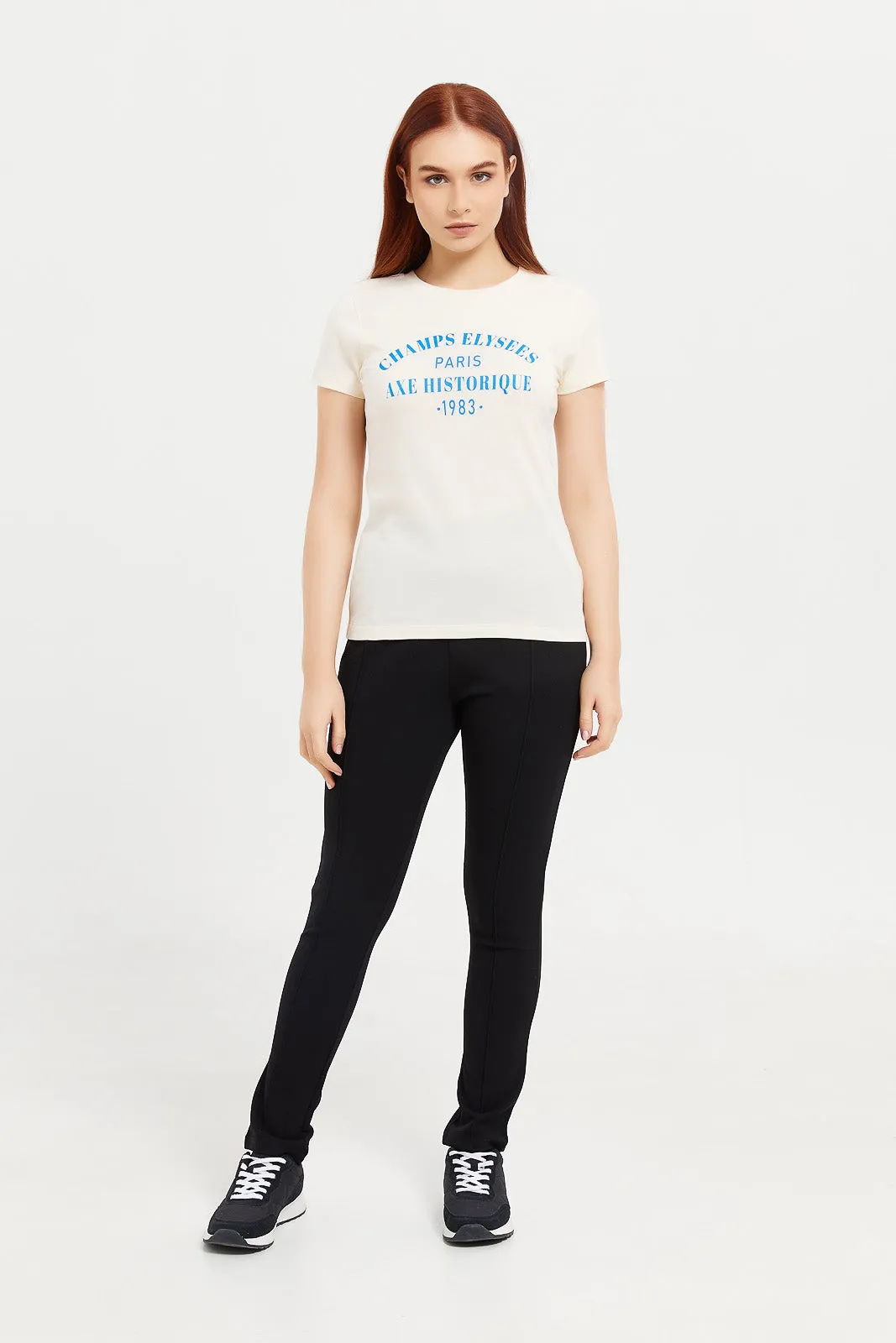 Women Cream Champs Elysees Printed T-Shirt