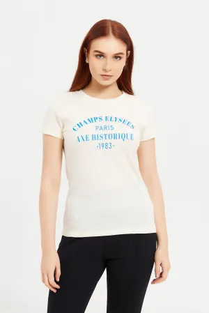 Women Cream Champs Elysees Printed T-Shirt